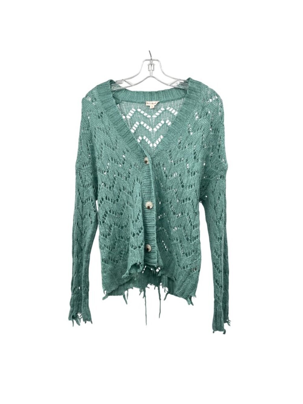 Hem & Thread Womens Open Knit Cardigan Button Up Sea Glass Size Small Frayed